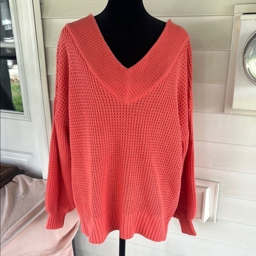 Zenana Pink V-Neck Sweater with Waffle Knit
